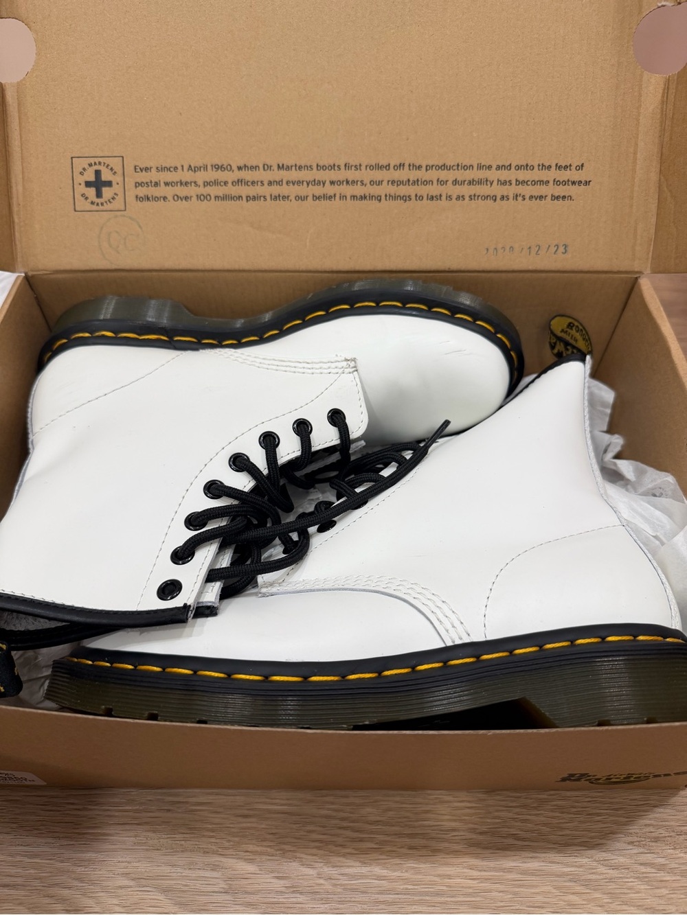 Dr. Martens White Leather 8-Eye Lace-Up Boots with Yellow Stitching